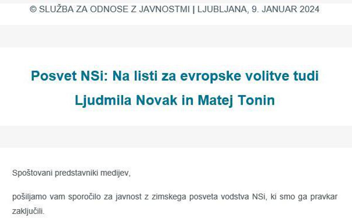 Vabilo Nsi | Sporočilo za javnost stranke NSi po "tradicionalnem zimskem posvetu" 9. januarja letos. | Foto NSi