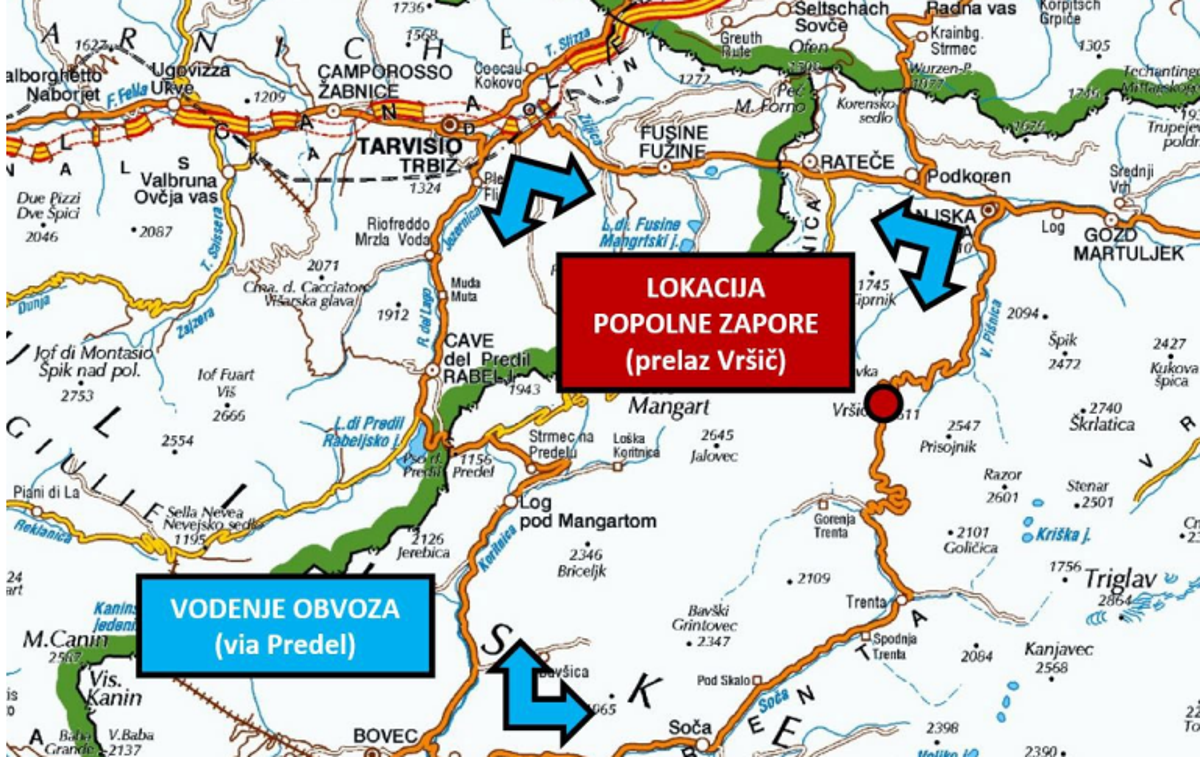 zapora Vršič | Obvoz v času popolne zapore je za vsa vozila mogoč na relaciji Kranjska Gora–Rateče–Italija–Predel–Bovec. | Foto Direkcija RS za infrastrukturo