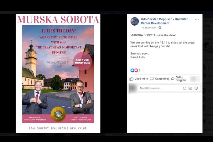 Promocijski plakat za drugo Ponzijevo shemo, ki jo je konec leta 2019 v Sloveniji osebno promoviral Kari Wahlroos.  | Foto: Matic Tomšič / Posnetek zaslona