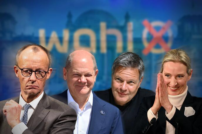 Friedrich Merz, Olaf Scholz, Robert Habeck in Alice Weidel | Štiri stranke (pet, če CDU in CSU obravnavamo ločeno) bodo po anketah zanesljivo prišle v novi nemški zvezni parlament: CDU/CSU, AfD, SPD in Zeleni. Te stranke so pred volitvami tudi imenovale kanclerske kandidate (od leve proti desni): Frieidrich Merz (CDU/CSU), Olaf Scholz (SPD), Robert Habeck (Zeleni) in Alice Weidel (AfD). | Foto Reuters