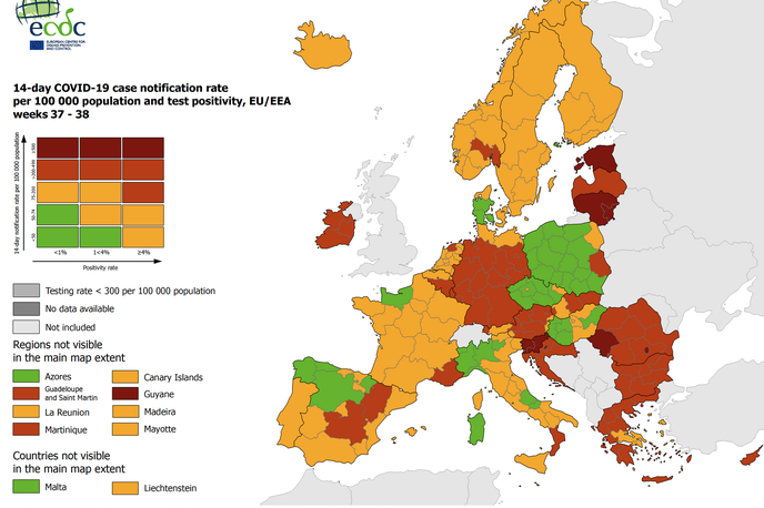 ECDC Zemljevid | Glede na zemljevid ECDC je epidemiološko stanje v Sloveniji med najslabšimi v EU. | Foto ecdc.europa.eu