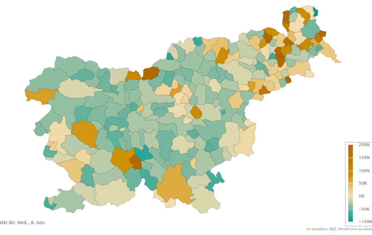 56463 | Zemljevid spletne strani sledilnik za covid-19 kaže, kako uspešni so v boju z novim koronavirusom v posameznih občinah. Interaktivni zemljevid je na voljo nižje v članku.