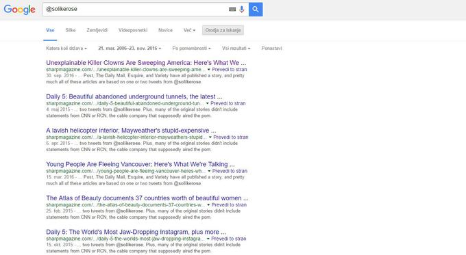 Pri vseh osmih se ključna beseda @solikerose ne pojavi v kontekstu glavne vsebine, temveč pri povezavah na novejše članke o aferi s CNN, pornografijo in RCN. @solikerose je bil pred 24. novembrom 2016 torej duh.  | Foto: Matic Tomšič
