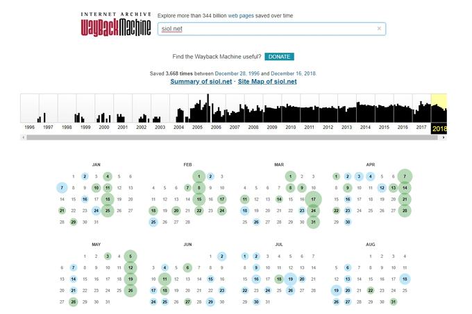 V iskalno polje v Wayback Machine vpišemo spletno stran, ki nas zanima, njeno zgodovino po dnevih, mesecih in letih pa lahko nato preverimo s kliki na ustrezne datume na spodnjem koledarju. Obarvani so le tisti dnevi, na katere je Wayback Machine ustvaril svežo kopijo spletne strani. Takole je videti v primeru Siol.net. | Foto: Matic Tomšič