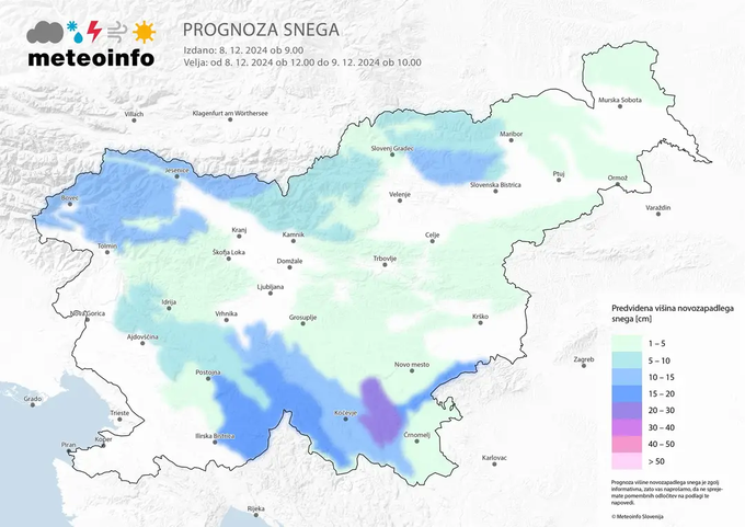 Napoved debeline snežne odeje v centimetrih. | Foto: Meteoinfo