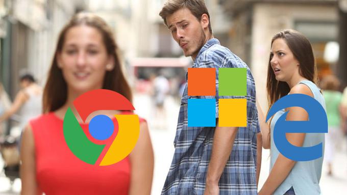 Google Chrome (levo) je po zadnjih podatkih z okrog 60-odstotnim tržnim deležem z naskokom najbolj uporabljani spletni brskalnik. Microsoft Edge (desno) ima za zdaj manj kot petodstotnega. | Foto: r/cringe