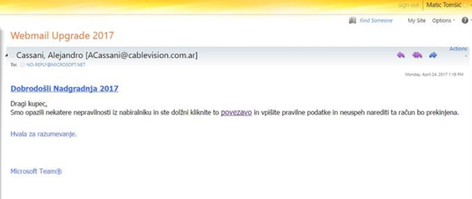 Primer goljufive e-pošte, ki je uporabnika pozivala k nadgradnji programske opreme in ki so jo leta 2017 množično prejemali tudi Slovenci. | Foto: Matic Tomšič / Posnetek zaslona