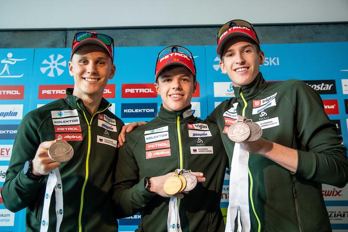 Anton Vidmar, Alex Cisar, Lovro Planko | Mladi slovenski biatlonski junaki, ki so s svetovnega prvenstva na Slovaškem prinesli kopico medalj. | Foto Vid Ponikvar