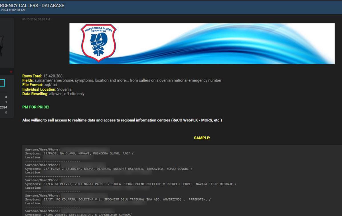 Dispečerji hek | Oglas za prodajo baze podatkov posnetkov telefonskih klicev na številko 112 skupaj z osebnimi podatki klicateljev je kmalu po objavi na Siol.net izginil s temnega spleta. | Foto Siol.net