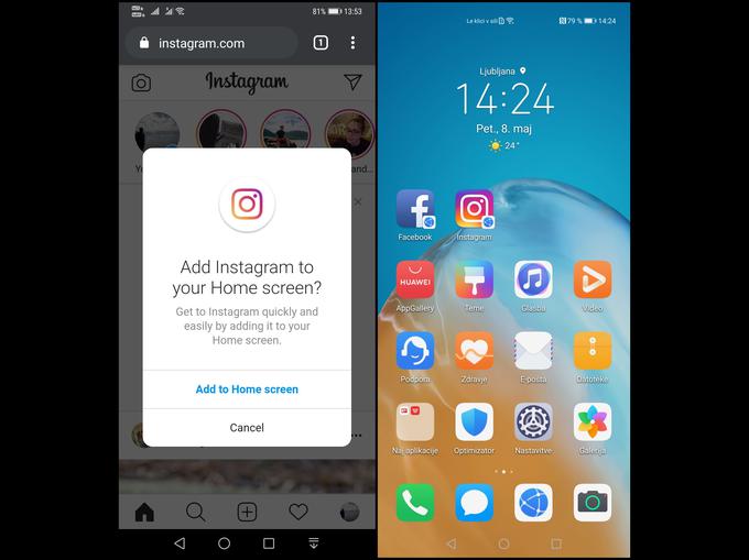 Levo: Instagram tudi sam ponudi dodajanje bližnjice do spletne strani na začetni zaslon. Desno: znani ikoni za Facebook in Instagram z dodatno oznako za spletno povezavo v spodnjem desnem kotu. | Foto: S. C. (zajem zaslona)