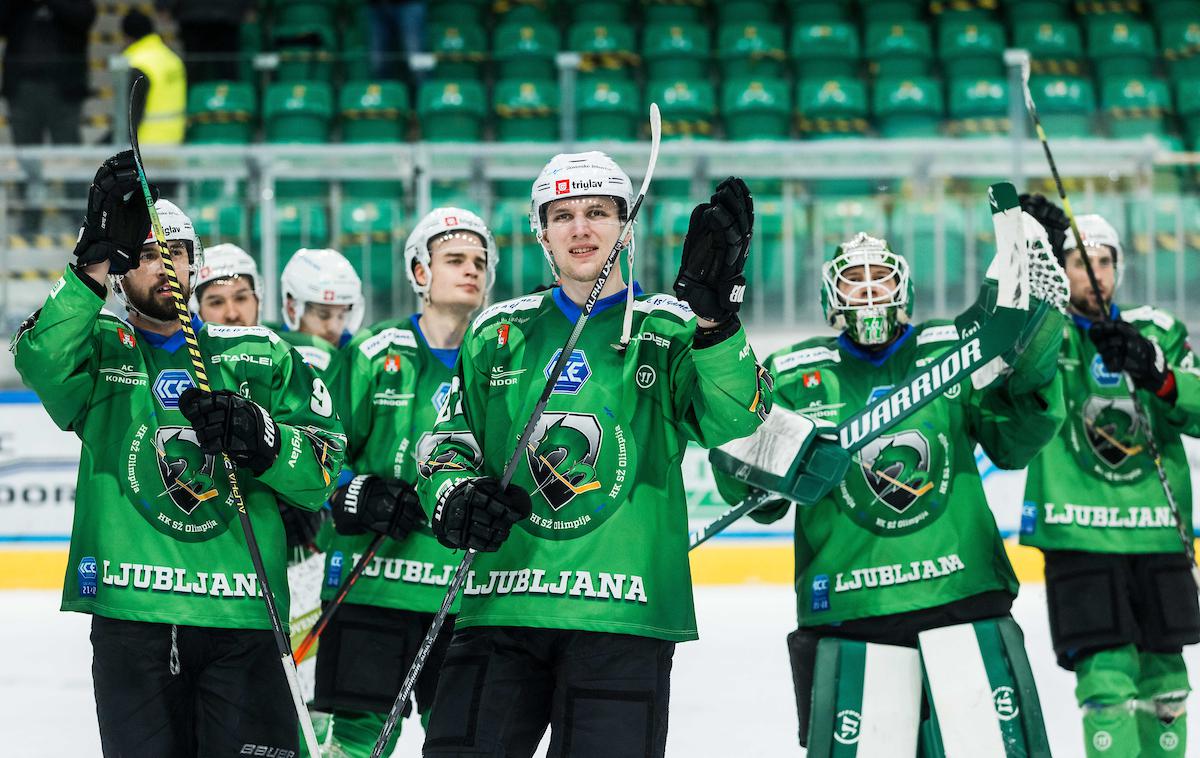 HK Olimpija Dornbirn | Olimpija je v četrtfinalu s 14:3 premagala HD Hidria Jesenice, ki je povedel z 2:1, in zanesljivo napredovala v polfinale. V tem jo čaka večni tekmec HDD Sij Acroni Jesenice. | Foto Vid Ponikvar/Sportida