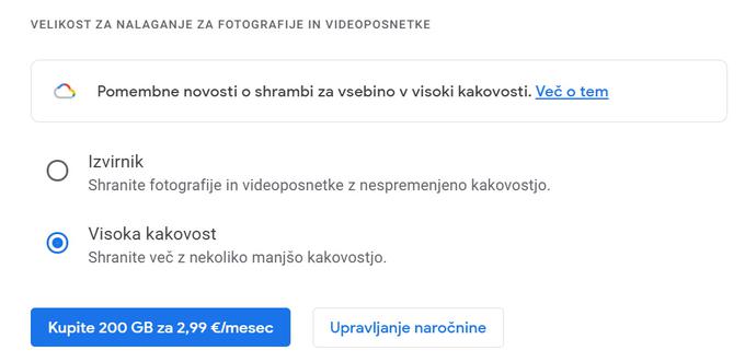 Google Foto slovenskim uporabnikom omogoča shranjevanje fotografij in videoposnetkov v izvirni in visoki kakovosti. Razlika med njima je, da Google posnetkov, shranjenih v izvirni kakovosti, ne pomanjša, a zaradi tega tudi štejejo v skupno kvoto razpoložljivega prostora v oblaku Google. Fotografije in videi, shranjeni v visoki kakovosti, medtem sicer izgubijo nekaj ostrine, a tega povprečen uporabnik skoraj zagotovo ne bo opazil. V nekaterih drugih državah je na voljo tudi možnost ekspresnega shranjevanja, ki prihrani ogromno prostora, a posnetke tudi močno pomanjša in povzroči tudi vidno izgubo kakovosti.  | Foto: Matic Tomšič / Posnetek zaslona