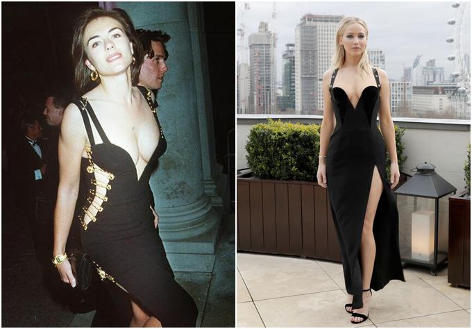 Elizabeth Hurley v slavni obleki z zaponkami leta 1994 in Jennifer Lawrence v posodobljeni različici v začetku letošnjega leta. | Foto: Getty Images