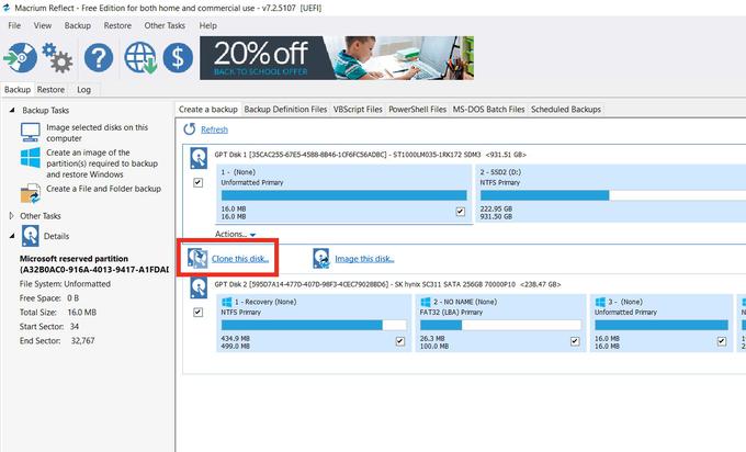 Macrium Reflect se bo nepoznavalcu morda zdel zelo zapleten, a pravzaprav moramo vedeti zgolj za en gumb, in sicer Clone this disk, ki izbrani diskovni pogon preslika na disk SSD. Pazite le, da bo za kloniranje označena prava particija (če jih imate več), torej tista, na kateri je nameščen operacijski sistem. | Foto: Matic Tomšič