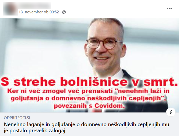 Članek je bil preveden v več jezikov. S slovenskim prevodom svoje sledilce prepričujejo tudi najbolj goreči slovenski nasprotniki cepljenja. Članek je objavil tudi eden od vidnejših članov Iniciative slovenskih zdravnikov, manjšega združenja, ki svoje sledilce na družbenih omrežjih prepričuje, da je cepljenje proti bolezni covid-19 nevarno.  | Foto: Facebook / Posnetek zaslona