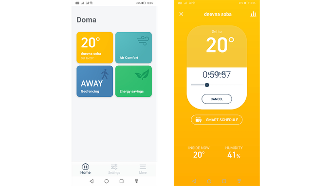 Na levi: domači zaslon mobilne aplikacije Tado. Na desni: začasno spremembo temperature in trajanje te spremembe preprosto urejamo z drsenjem prsta po zaslonu. | Foto: Srdjan Cvjetović