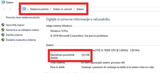 Koliko pomnilnika imamo, lahko preverimo v informacijah o sistemu v nadzorni plošči operacijskega sistema Windows.  | Foto: Matic Tomšič