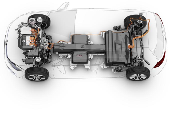 Električni e-golf: največji sestavni del je 345 kilogramov težka visokonapetostna litij-ionska baterija (323 V, 35,8 kWh) nameščena pod potniško kabino (med osema in pod zadnjimi sedeži). Ta ni večja, so pa njene celice dobile večjo energijsko gostoto. Pod motornim pokrovom so elektromotor (100 kW in 290 Nm), visokonapetostni polnilec (7,2 kWh), krmilna elektronika, električni grelec kabine oziroma nova toplotna črpalka in kompresorska klima ter sistem e-BKV elektrodinamične servo zavore. | Foto: Volkswagen