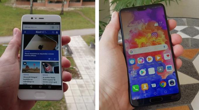 Dve generaciji, dva različno velika zaslona: levo lanski huawei P10 z razmerjem slike 16:9, desno letošnji huawei P20.  | Foto: Matic Tomšič