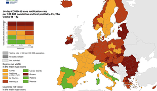Posodobljen zemljevid ECDC: Slovenija vsa v temnordeči barvi