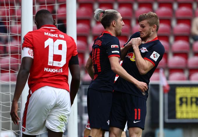 Tako je podajalec Kevin Kampl "čestital" strelcu Timu Wernerju na gostovanju v Mainzu. | Foto: Guliverimage/Getty Images