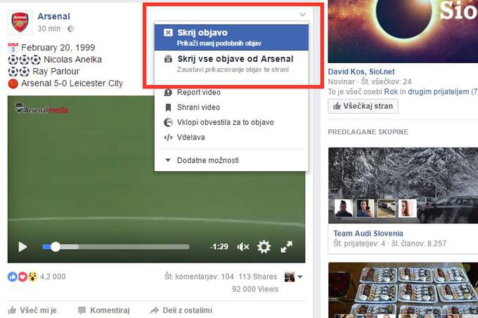 Takole na Facebooku poteka skrivanje objav. Če se odločim, da objave nogometnega kluba Arsenal ne želim videti, mi bo Facebook v prihodnje pokazal manj podobnih objav - manj Arsenala, manj angleške lige, manj nogometa, manj športa. Če uporabnik objave skriva zelo pogosto in pri miru pusti le tiste, ki so mu zares všeč, si bo sčasoma ustvaril pravljično deželo objav, ki jim bo odobravajoče kimal.  | Foto: Matic Tomšič