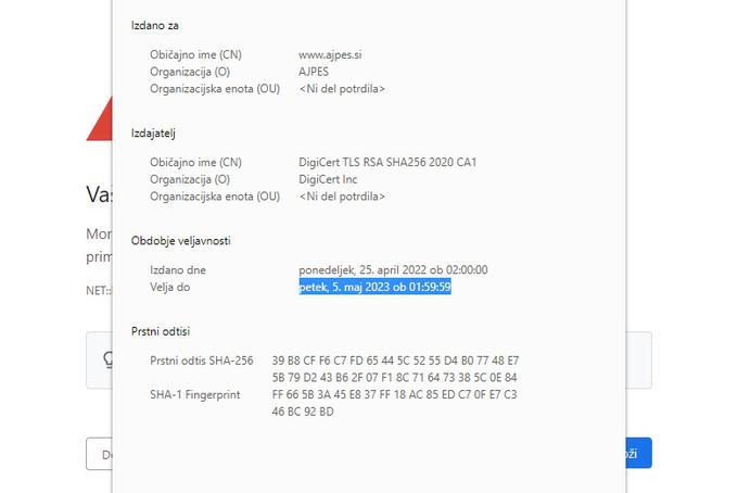 Digitalno potrdilo, ki ga je uporabljala spletna stran Ajpesa, je bilo izdano 25. aprila lani.  | Foto: Matic Tomšič / Posnetek zaslona