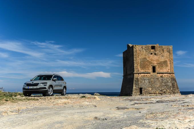 Karoq se več kot odlično počuti na neurejenih strminah in poteh. Zlahka je premagal tudi nekoliko težje ovire in priplezal do tega starega obrambnega stolpa. | Foto: Gašper Pirman