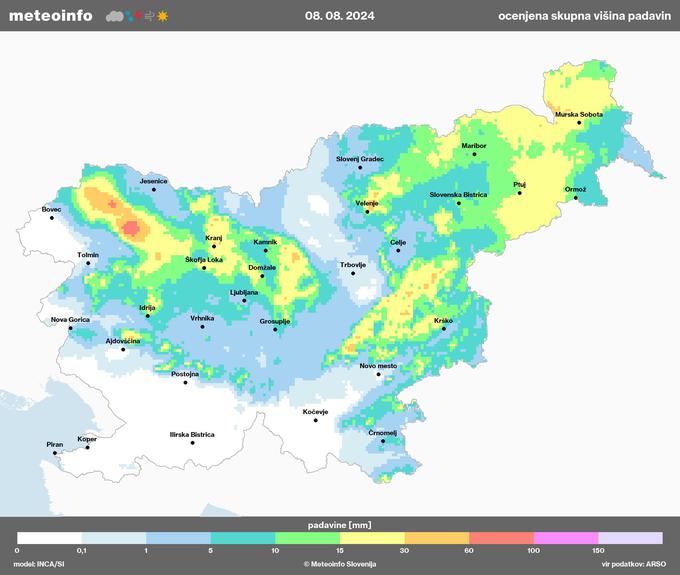 Karta prikazuje, koliko padavin je na naše kraje padlo ob zadnji seriji neviht, ki jih iz Avstrije nad naše kraje zaneslo v četrtek, 8. 8. 2024. Severna polovica države je prejela bistveno več padavin kot južna. Namočenost tal zelo vpliva na to, v katerih krajih boste drug teden izmerili najvišje temperature tega poletja.  | Foto: Meteoinfo