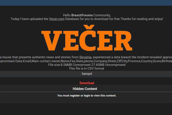 Večer hack hekerji | Baza, ki naj bi jo hekerji ukradli Večeru, je od ponedeljka prosto dostopna na spletu. Ker pa se forum, kjer je objavljena baza, skriva na t. i. globokem spletu (delu spleta, ki ga ne indeksirajo spletni iskalniki), morate za dostop do podatkov poznati neposreden spletni naslov. | Foto Siol.net/Zajem zaslona