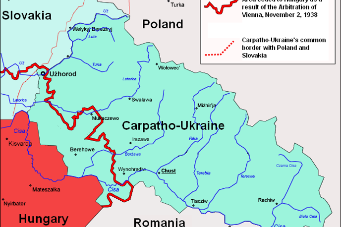 Zemljevid podkarpatske Ukrajine leta 1939 | Zemljevid območja podkarpatske Ukrajine. Rdeča črta kaže ozemlje, ki ga je Madžarska zasedla že novembra 1938. Preostali del podkarptaske Ukrajine je madžarska vojska zasedla marca 1939. | Foto Wikimedia Commons