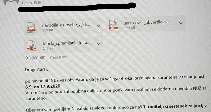 To sporočilo so skupaj z vabilom na virtualni roditeljski sestanek starši prejeli v ponedeljek, 14. septembra. Na dan prejema sporočila naj bi tako trajal že peti dan karantene. | Foto: Bralec Omar Hanuna