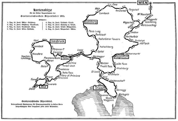 Trasa Alpenfahrta leta 1913. Etapa, ki je peljala prek Ljublja, se je začela v Trstu in končala v Celovcu.  | Foto: Rolls-Royce
