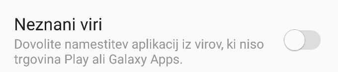 Eno od zagotovil, da se s trojanskimi konji, kot je Svpeng, ne bomo okužili, je, da izklopimo možnost nameščanja aplikacij iz neznanih virov oziroma jo izklopljeno pustimo že takoj, ko prvič zaženemo napravo. Android privzeto namreč zaupa samo aplikacijam, ki so na voljo v njegovi lastni digitalni trgovini Google Play oziroma na servisih enega od proizvajalcev naprav, kot je Samsungov Galaxy Apps. Če ne vemo točno, kaj počnemo, je nameščanje aplikacij iz neznanih virov najbolje pustiti pri miru.  | Foto: Matic Tomšič