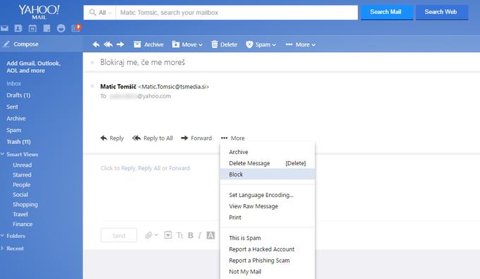 V prejetem sporočilu kliknemo na tri pičice ob napisu More (Več) in izberemo možnost Block (Blokiraj). Vsa prihodnja sporočila od tega pošiljatelja bodo končala v smeteh, od koder bodo sčasoma izbrisana. | Foto: Matic Tomšič