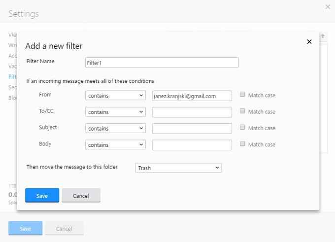 Filter moramo poimenovati in določiti kriterije, po katerih bo filter pregledoval prihajajoča sporočila - e-poštni naslov pošiljatelja in besede v zadevu in jedru sporočila, na primer. Na koncu določimo še, kaj naj se s sporočilom, ki kriterijem ustreza, zgodi (mi ga bomo samodejno premaknili v smeti) in kliknemo Save, da filter shranimo. | Foto: Matic Tomšič