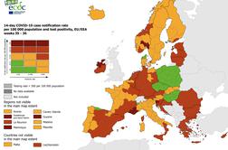 Zahodna Slovenija na zemljevidu ECDC obarvana temno rdeče