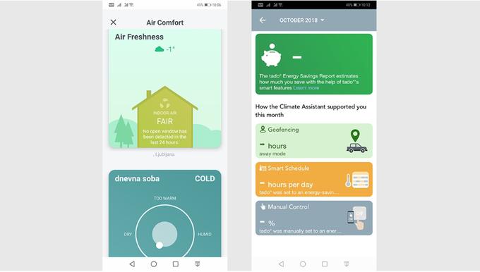 Na levi: prikaz trenutnega udobja v prostoru. Na desni: obsežnejša poročila o učinkih in prihrankih pametnega ogrevanja so na voljo po enem mesecu uporabe. | Foto: Srdjan Cvjetović