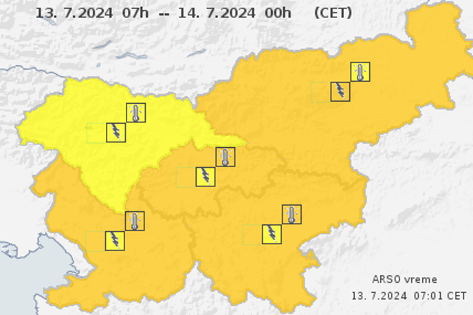 ARSO | Arso je zaradi velike toplotne obremenitve in možnosti neviht izdal oranžno opozorilo.  | Foto Arso