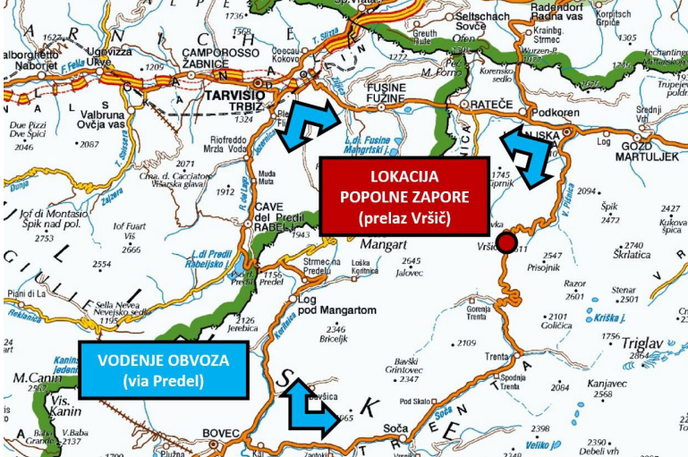 zapora Vršič | Obvoz v času popolne zapore je za vsa vozila mogoč na relaciji Kranjska Gora–Rateče–Italija–Predel–Bovec. | Foto Direkcija RS za infrastrukturo