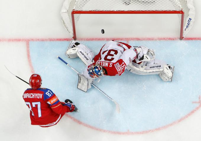 Vadim Šipačjov je na petih tekmah zbral deset točk, polovico jih je dosegel ob visoki zmagi nad Dansko. Takoj za njim je 18-letni Patrik Laine. | Foto: Reuters