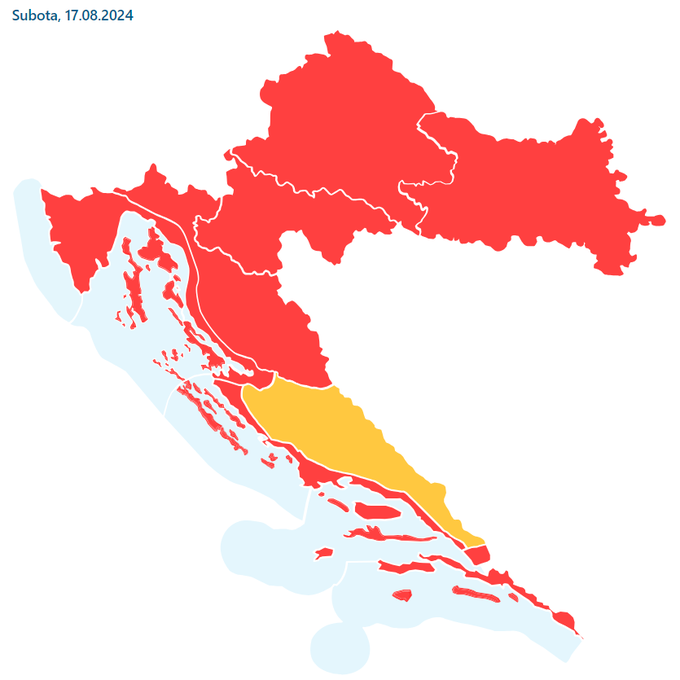 Za Hrvaško je na današnji dan marsikje razlgašena najvišja, rdeča stopnja opozorila zaradi hude vročine. A že v naslednjih dneh bo vročina popustila. Nevarnost bodo takrat predstavljala neurja. | Foto: DHMZ