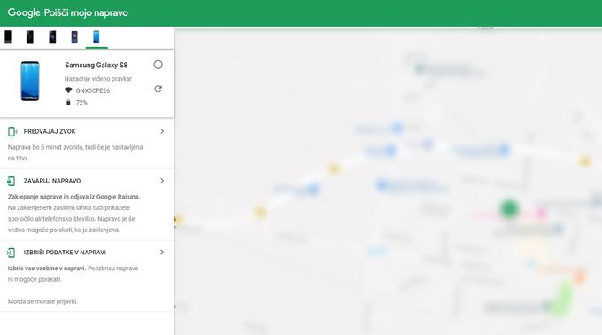 Z orodjem Poišči mojo napravo za pametne telefone z operacijskim sistemom Android je mogoče na daljavo prek računalnika telefon prisiliti k zvonjenju, ga zakleniti in na njegovem zaslonu prikazati telefonsko številko lastnika oziroma z njega izbrisati vse podatke.  | Foto: Matic Tomšič / Posnetek zaslona