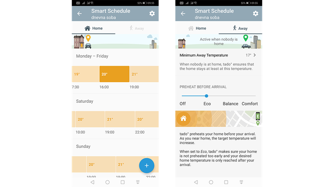 Če je vsaj eden od stanovalcev doma, velja "domači" urnik (na sliki levo), če pa so vsi zunaj, velja nastavljena nižja temperatura v načinu odsotnosti (na sliki desno), | Foto: Srdjan Cvjetović