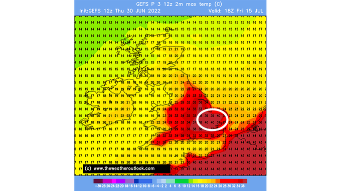 Napoved računalniškega modela, ki je ocenil, da lahko temperature v delih Velike Britanije prihodnji teden dosežejo 40 stopinj Celzija. Foto: The Weather Outlook | Foto: 