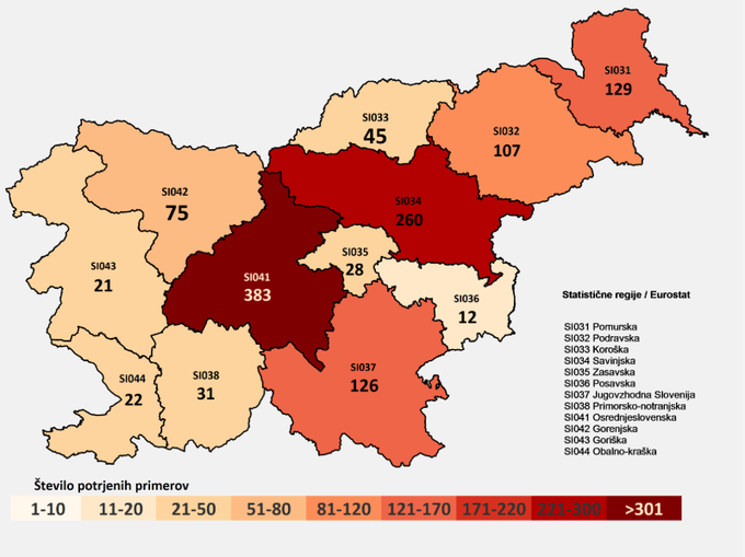 Okuženost z novim koronavirusom po statističnih regijah Slovenije na dan 14. 4. 2020. | Foto: NIJZ