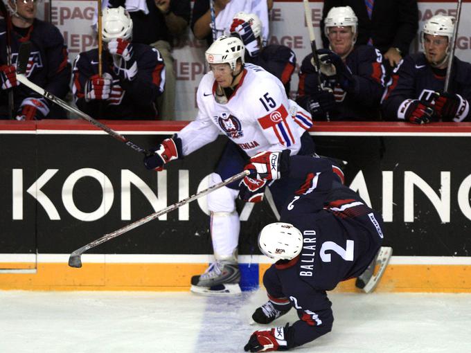 S slovensko reprezentanco je igral na štirih svetovnih prvenstvih, dvakrat v elitnem razredu. V Halifaxu v Kanadi leta 2008 so se risi pomerili s Kanado, ZDA (na sliki) in Latvijo. Vse tekme so izgubili. | Foto: Vid Ponikvar