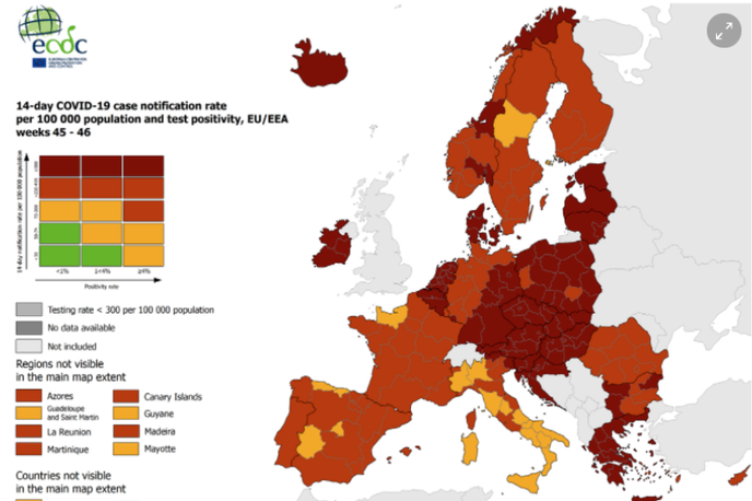 ECDC | Slovenija je v celoti temno rdeča, kar pomeni najslabšo epidemiološko sliko z vidika pandemije covid-19. | Foto ecdc.europa.eu