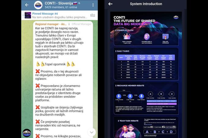 Posnetek zaslona skupine Conti Slovenija v aplikaciji Telegram izpred nekaj mesecev, ko je bilo v skupini le še nekaj več kot 5.000 članov, in grafični prikaz, koliko je mogoče zaslužiti z različnimi naložbami v Conti in z rekrutiranjem novih članov.  | Foto: Posnetek  zaslona