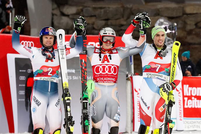 Pinturault, Kristoffersen, Yule - Schladming 2020 | Stopničke so zasedli Henrik Kristoffersen, Alexis Pinturault in Daniel Yule. | Foto Guliver/Getty Images